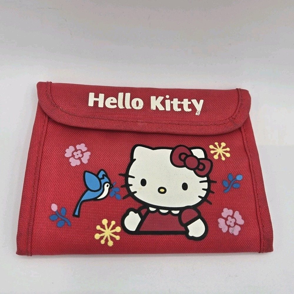 HELLO KITTY VINTAGE RED SANRIO bi-fold wallet with Blue Jay and flowers 2001